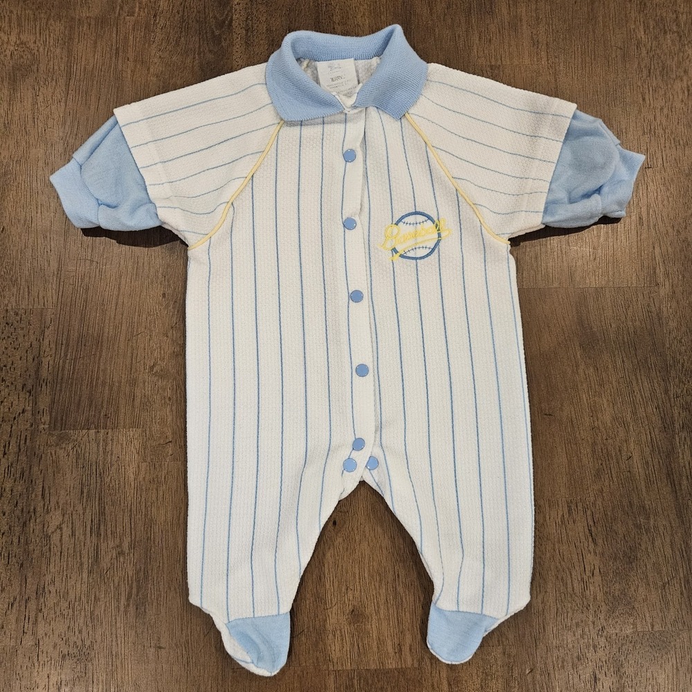 Vintage Terry Baseball Themed Footed Baby Sleeper Romper One Piece Size Small